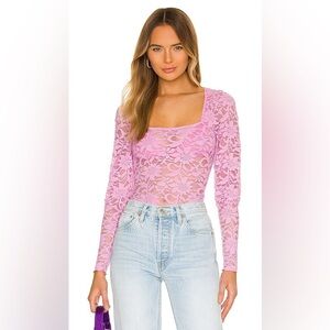 Free People Sheer Lace Square Neck Long-Sleeve Top in Pink